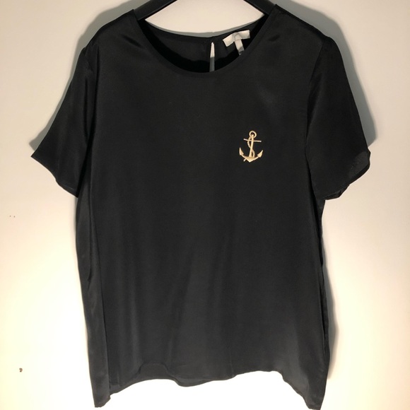 Joie Black silk short sleeve w/ gold anchor - Picture 1 of 4